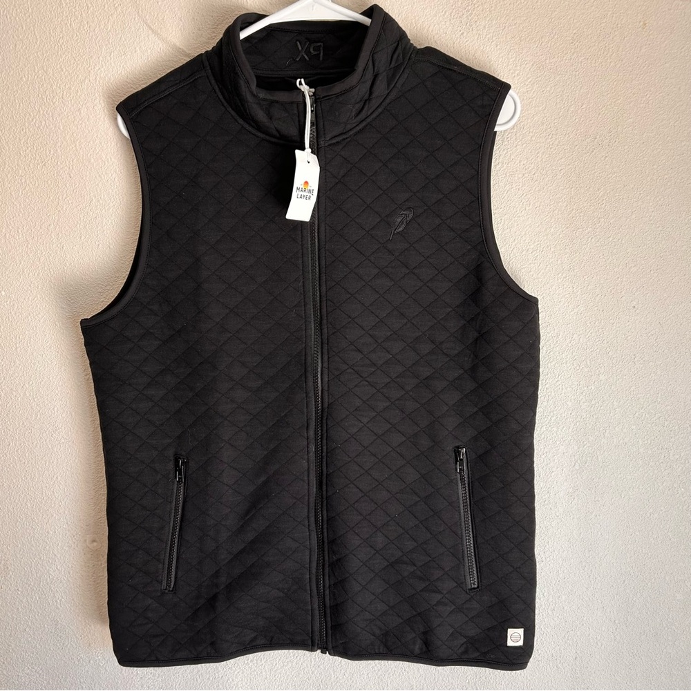 Marine Layer Corbet Men's Medium Quilted Full Zip Vest Casual Black Company Logo